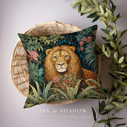 Lion Accent Pillow Rustic | Dark Academia Tapestry Pillow William Morris Cushion Woodland Gothic Botanical Jungle Aesthetic Lion Home Decor