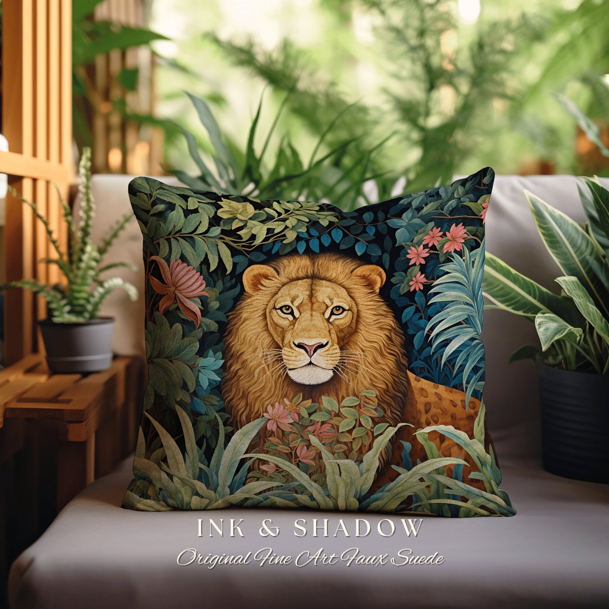 Lion Accent Pillow Rustic | Dark Academia Tapestry Pillow William Morris Cushion Woodland Gothic Botanical Jungle Aesthetic Lion Home Decor