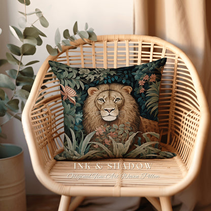 Lion Accent Pillow Rustic | Dark Academia Tapestry Pillow William Morris Cushion Woodland Gothic Botanical Jungle Aesthetic Lion Home Decor