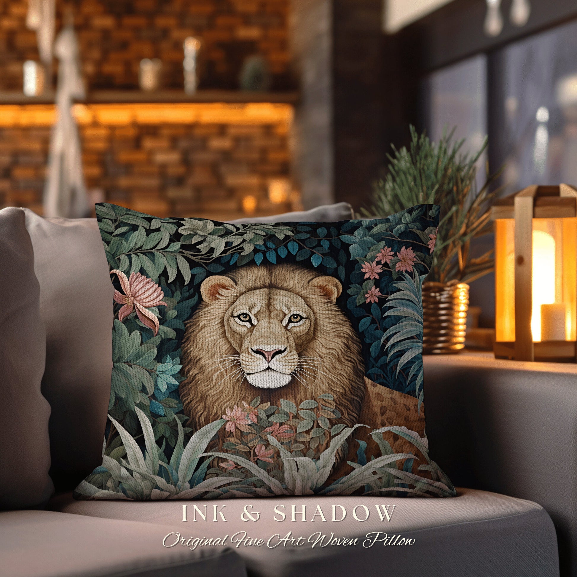 Lion Accent Pillow Rustic | Dark Academia Tapestry Pillow William Morris Cushion Woodland Gothic Botanical Jungle Aesthetic Lion Home Decor