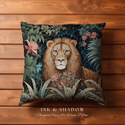 Lion Accent Pillow Rustic | Dark Academia Tapestry Pillow William Morris Cushion Woodland Gothic Botanical Jungle Aesthetic Lion Home Decor