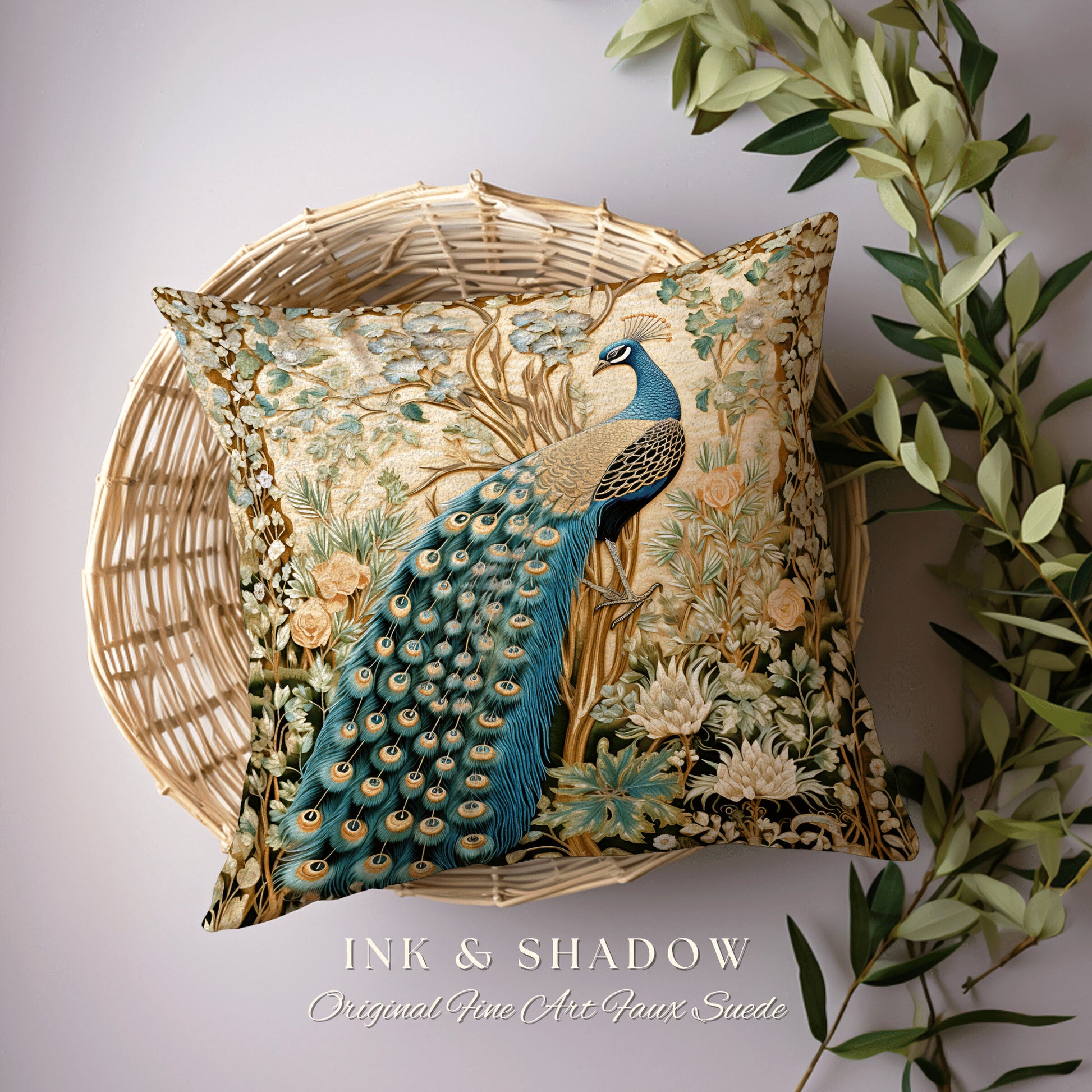 Woodland Gothic Victorian Whimsy Peacock Pillow Cottagecore Accent, Baroque Fairycore Botanical Woven Tapestry Cushion Forestcore Bird Decor