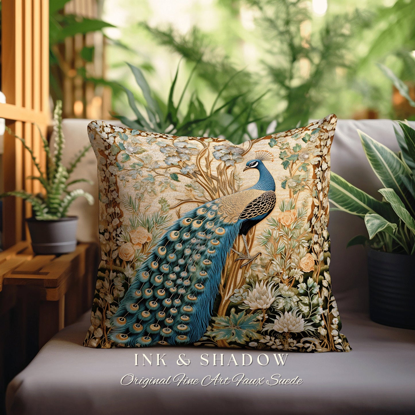 Woodland Gothic Victorian Whimsy Peacock Pillow Cottagecore Accent, Baroque Fairycore Botanical Woven Tapestry Cushion Forestcore Bird Decor