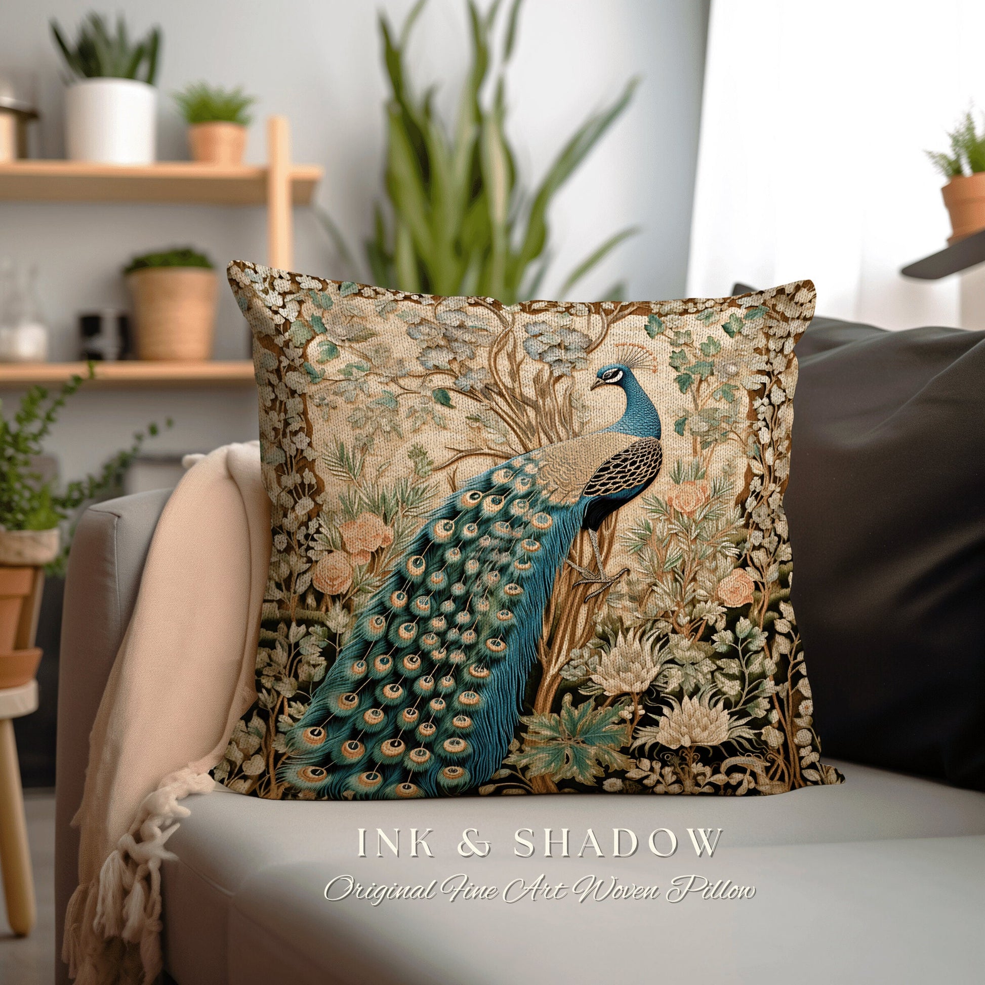 Woodland Gothic Victorian Whimsy Peacock Pillow Cottagecore Accent, Baroque Fairycore Botanical Woven Tapestry Cushion Forestcore Bird Decor