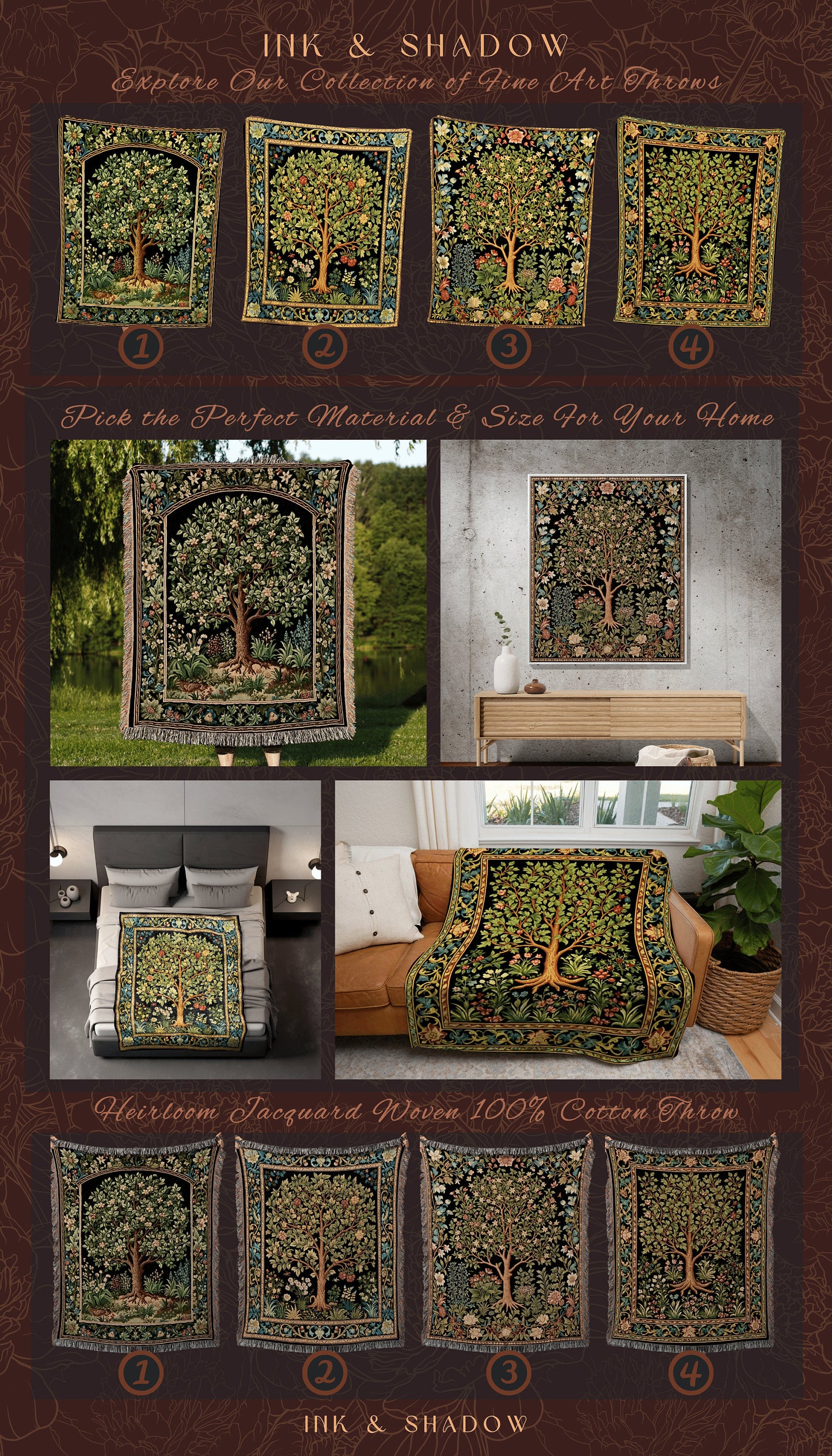 Floral Tapestry Tree of Life Design | Folklore William Morris Inspired Throw Botanical Tapestry Medieval Aesthetic Nordic Renaissance Decor