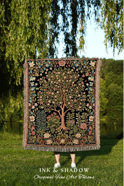 Floral Tapestry Tree of Life Design | Folklore William Morris Inspired Throw Botanical Tapestry Medieval Aesthetic Nordic Renaissance Decor