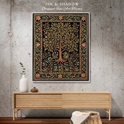 Nordic Style Tree of Life Dark Botanical Woven Throw Blanket | Fairycore Morris Inspired Decor Medieval Tapestry Renaissance Art Aesthetic