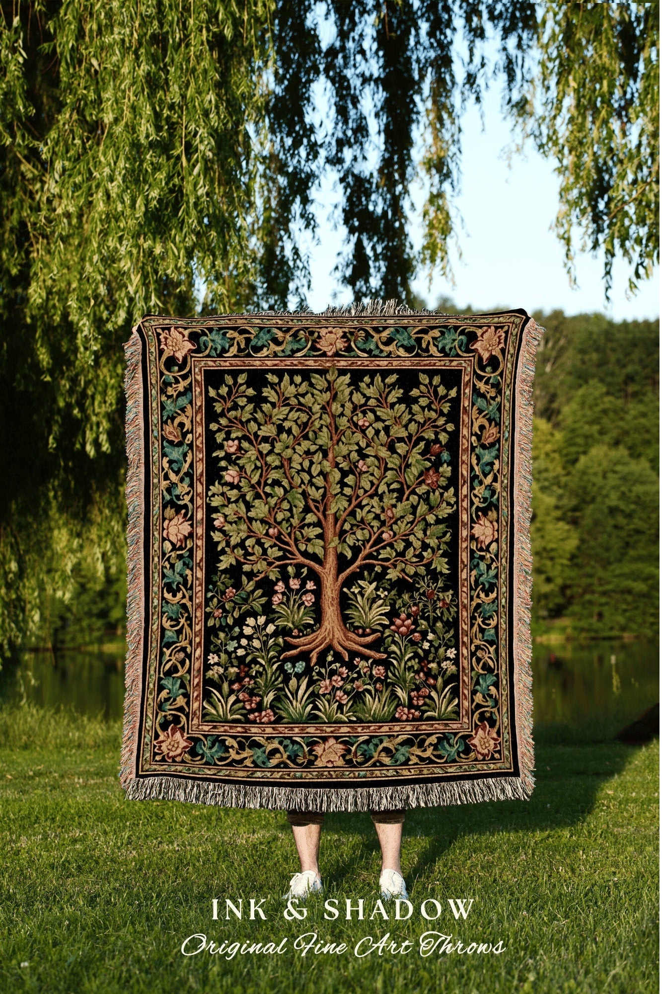 Nordic Style Tree of Life Dark Botanical Woven Throw Blanket | Fairycore Morris Inspired Decor Medieval Tapestry Renaissance Art Aesthetic