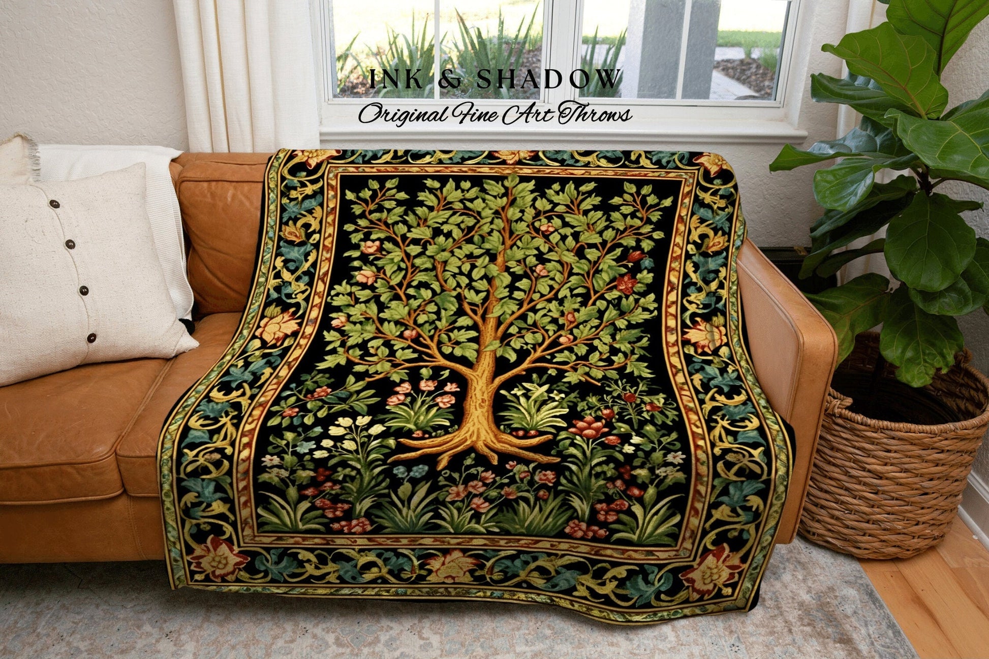 Nordic Style Tree of Life Dark Botanical Woven Throw Blanket | Fairycore Morris Inspired Decor Medieval Tapestry Renaissance Art Aesthetic