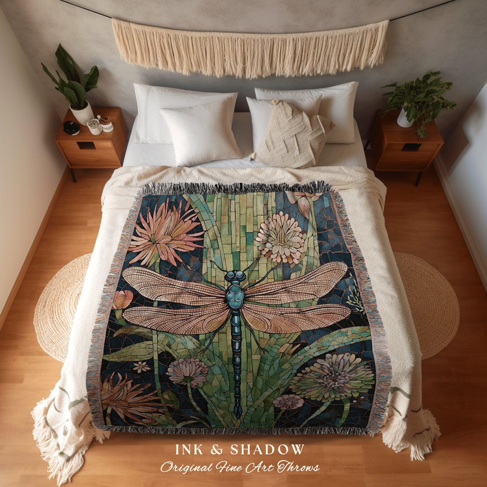 Dragonfly Blanket Whimsical Throw | Dragon Fly Woven Tapestry Fairycore Gift for Her Stained Glass Aesthetic Woodland Gothic Room Decor |