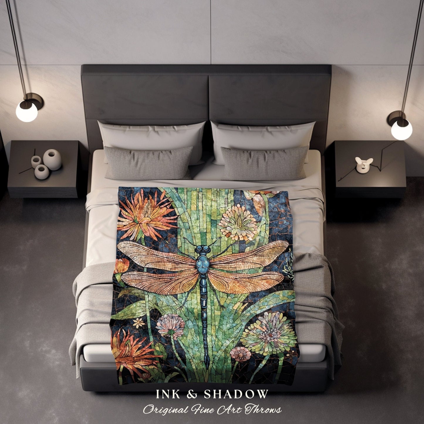 Dragonfly Blanket Whimsical Throw | Dragon Fly Woven Tapestry Fairycore Gift for Her Stained Glass Aesthetic Woodland Gothic Room Decor |