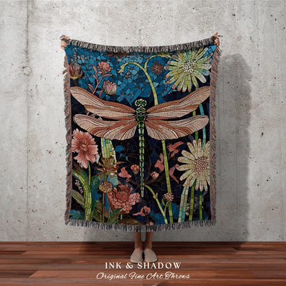 Woodland Dragonfly Blanket Woven | Dragon Fly Woven Tapestry Fairycore Gift for Her Stained Glass Aesthetic Woodland Gothic Room Decor |