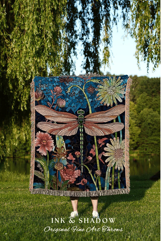 Woodland Dragonfly Blanket Woven | Dragon Fly Woven Tapestry Fairycore Gift for Her Stained Glass Aesthetic Woodland Gothic Room Decor |