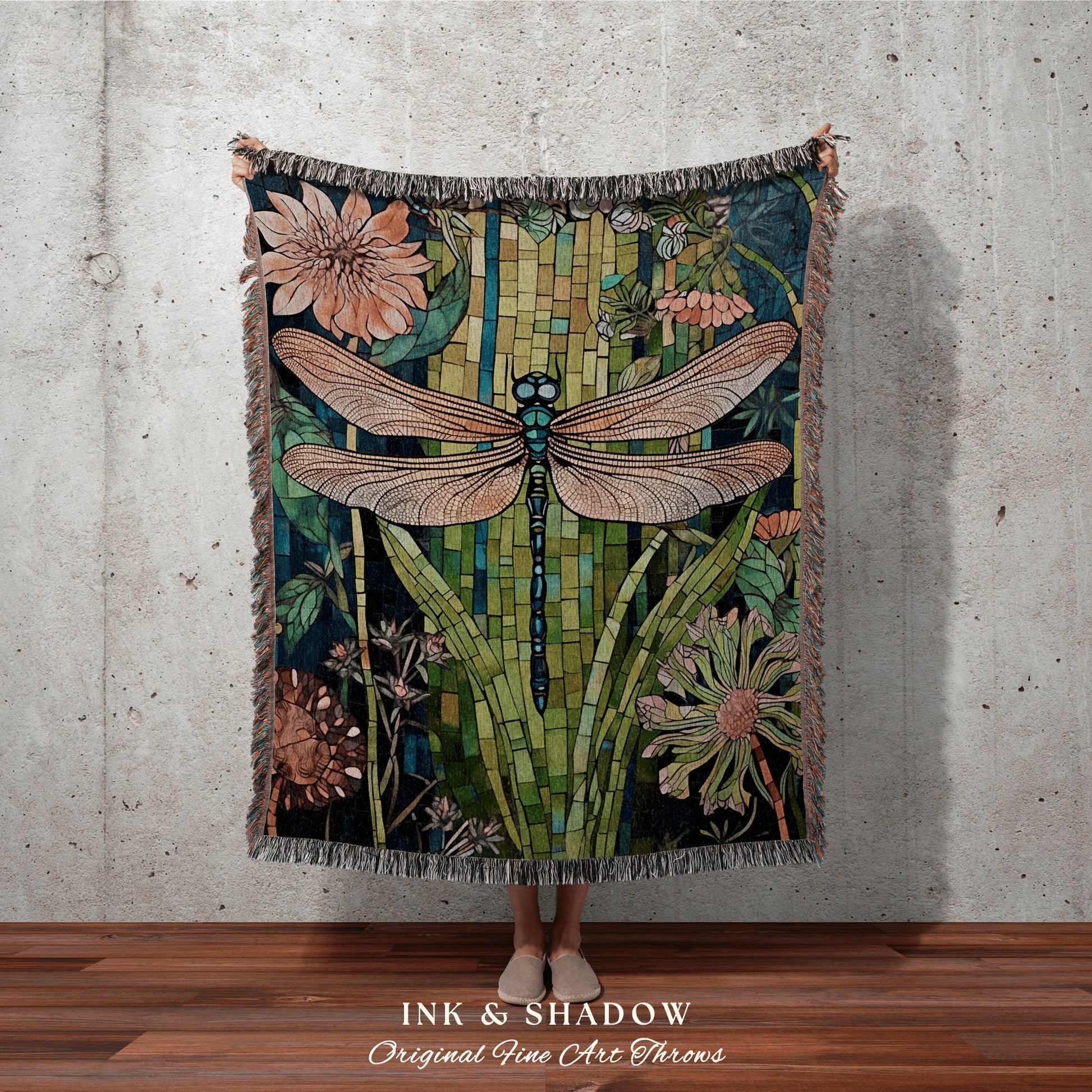 Mystical Dragonfly Blanket Cozy | Dragon Fly Woven Tapestry Fairycore Gift for Her Stained Glass Aesthetic Woodland Gothic Room Decor Throw