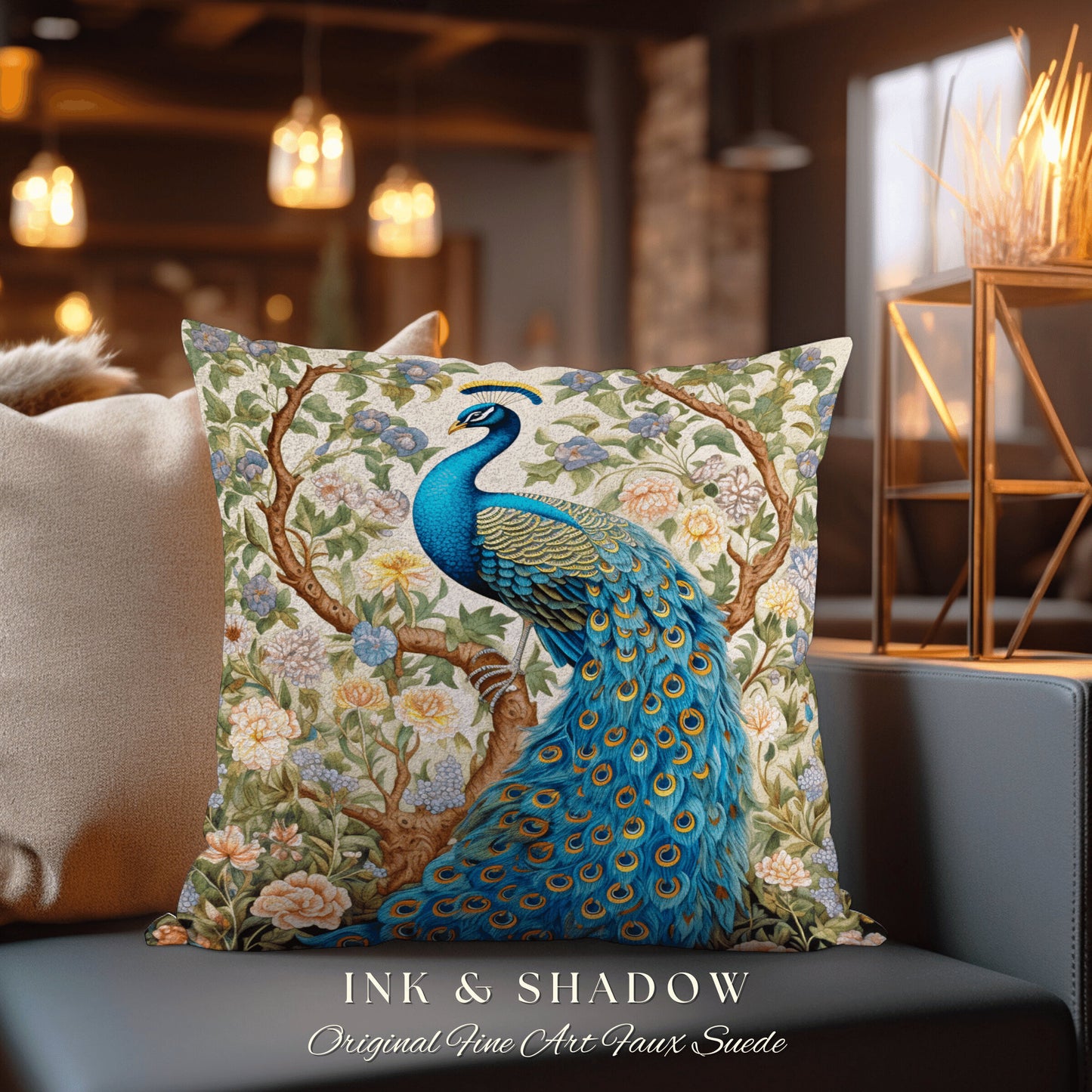 Maximalism Inspired Floral Peacock Soft Cottagecore Woven Pillow Maximalist Fairycore Tapestry Cushion William Morris Style Pastel Victorian