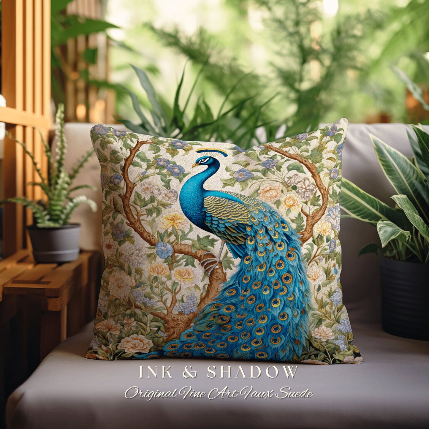 Maximalism Inspired Floral Peacock Soft Cottagecore Woven Pillow Maximalist Fairycore Tapestry Cushion William Morris Style Pastel Victorian