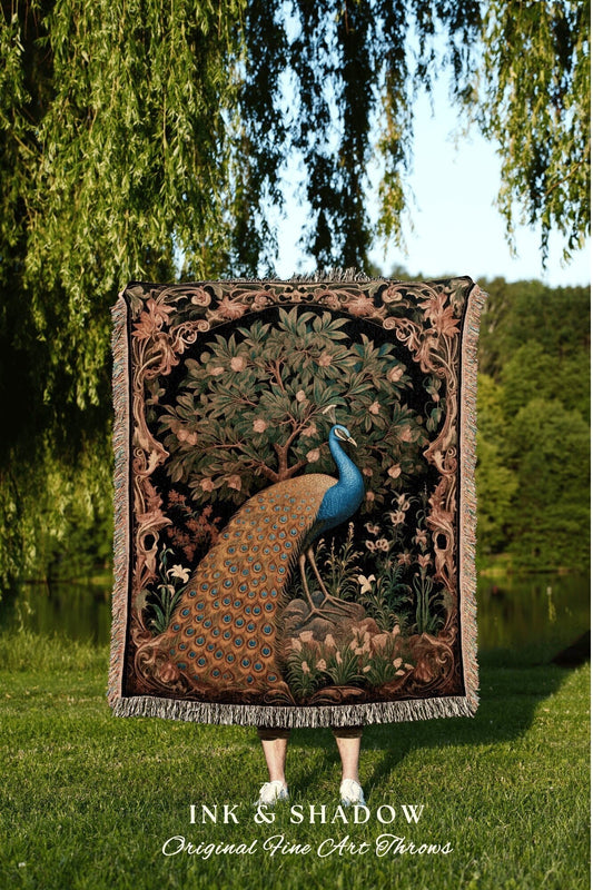 Peacock Blanket Medieval | Woodland Folklore Aesthetic Throw Blanket Woven Tapestry William Morris Style Woodland Decor Dark Cottagecore |