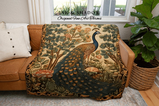 Golden Fairycore Throw Blanket | Maximalist Fairy Core Room Decor Woven Tapestry William Morris Style Peacock Pastel Cottagecore Design