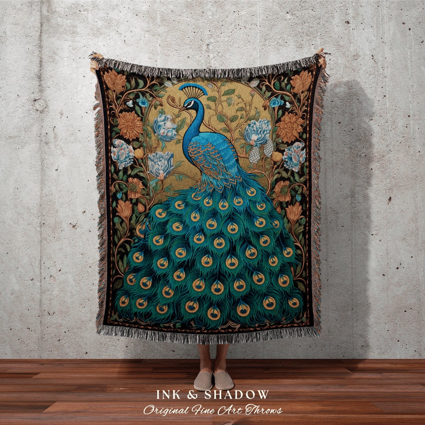 Whimsical Peacock Tapestry | Maximalist Floral Fairy Core Room Decor Woven Blanket William Morris Style Peacock Pastel Cottagecore Design