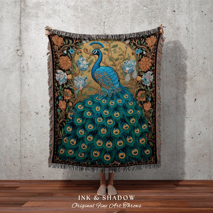 Whimsical Peacock Tapestry | Maximalist Floral Fairy Core Room Decor Woven Blanket William Morris Style Peacock Pastel Cottagecore Design