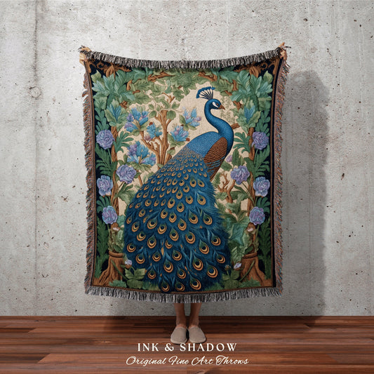 Pastel Gothic Peacock Throw Blanket | Maximalist Floral Fairy Core Room Decor Woven Blanket William Morris Style Pastel Cottagecore Tapestry