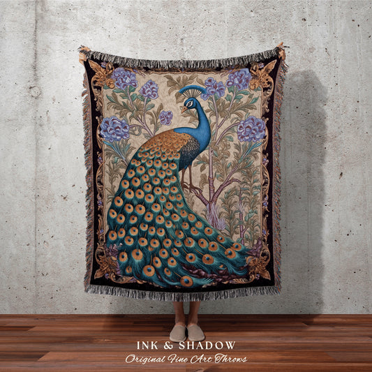 Lavender Floral Peacock Tapestry | Maximalist Fairy Core Room Decor Woven Blanket William Morris Style Pastel Cottagecore Throw Blanket |