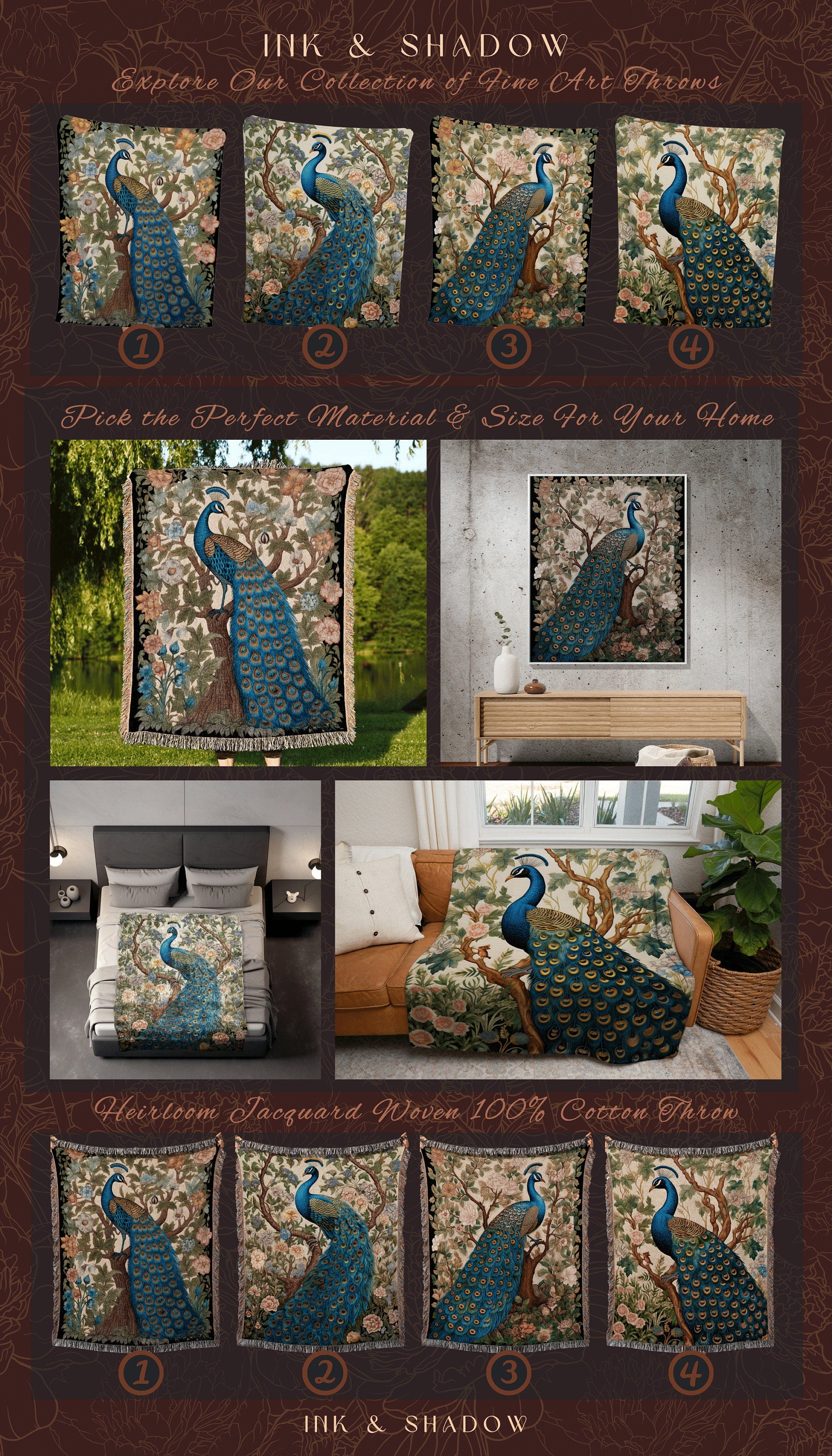 Peacock Throw Blanket Boho | William Morris Inspired Decor Forestcore Room Design Maximalist Tapestry Woven Botanical Fairy Grunge Aesthetic