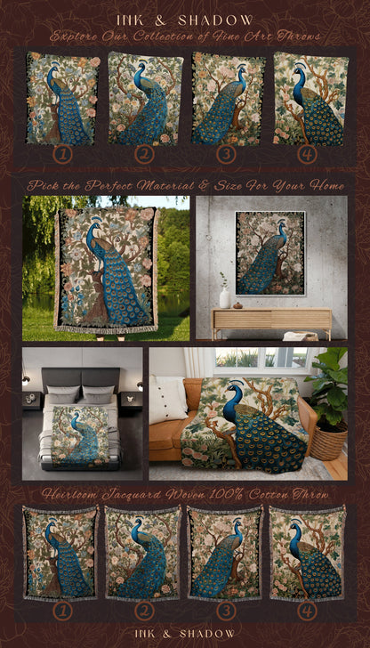 Peacock Throw Blanket Boho | William Morris Inspired Decor Forestcore Room Design Maximalist Tapestry Woven Botanical Fairy Grunge Aesthetic