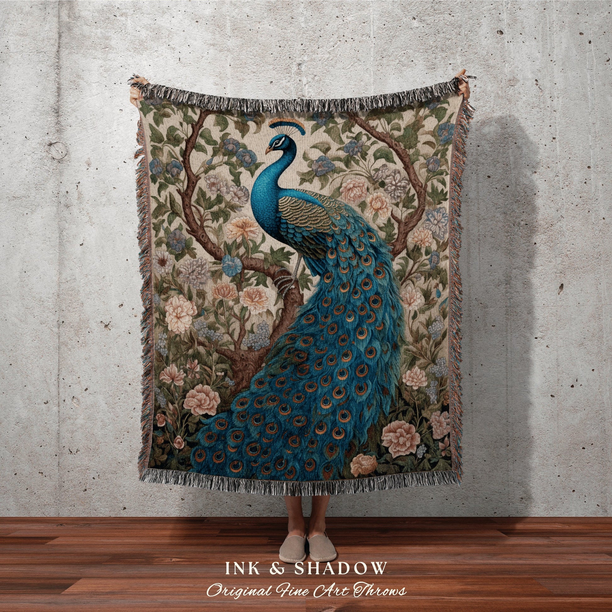 Maximalism Inspired Woven Throw | Maximalist Fairy Core Room Decor Woven Blanket William Morris Style Pastel Victorian Peacock Throw Blanket