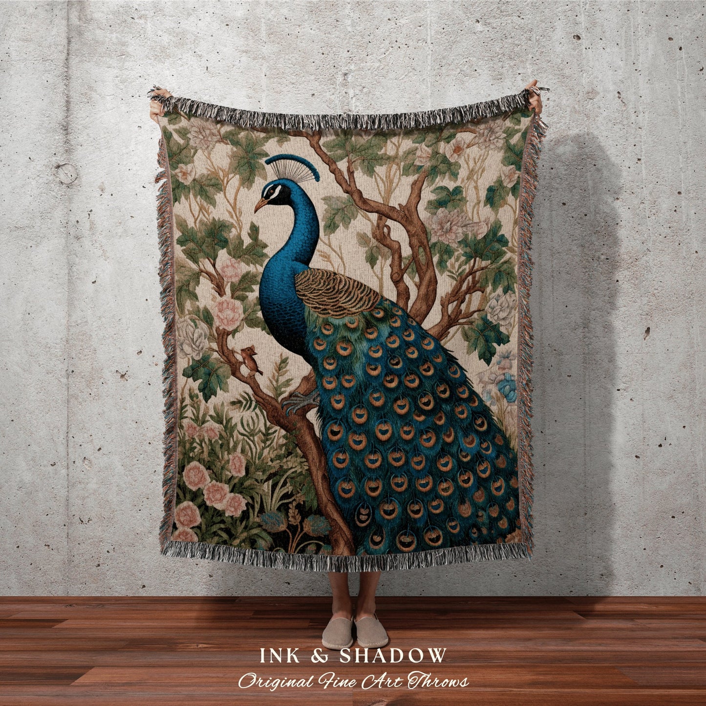 Peacock Throw Blanket Boho | William Morris Inspired Decor Forestcore Room Design Maximalist Tapestry Woven Botanical Fairy Grunge Aesthetic