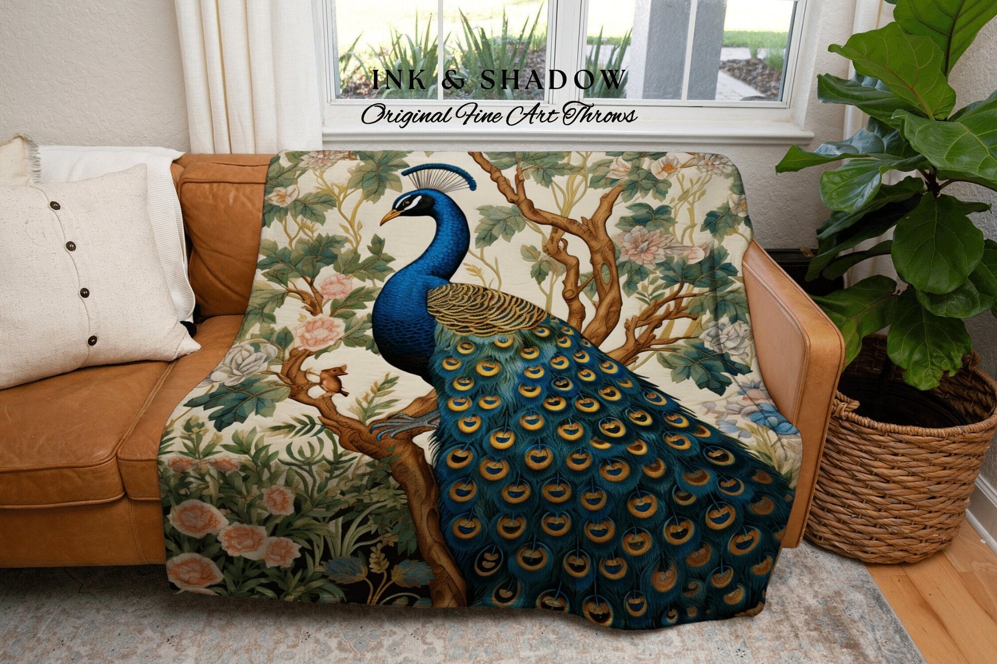 Peacock Throw Blanket Boho | William Morris Inspired Decor Forestcore Room Design Maximalist Tapestry Woven Botanical Fairy Grunge Aesthetic