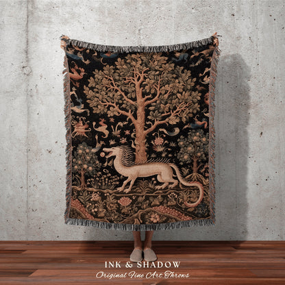 Dark Academia Dragon Throw Blanket | Crowcore Tapestry Morris Style Room Decor Fairy Core Aesthetic Gothic Maximalist Gift For Goths |