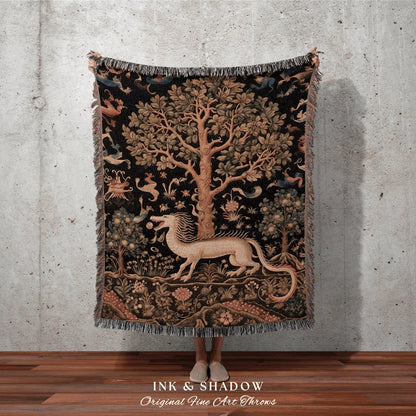 Dark Academia Dragon Throw Blanket | Crowcore Tapestry Morris Style Room Decor Fairy Core Aesthetic Gothic Maximalist Gift For Goths |