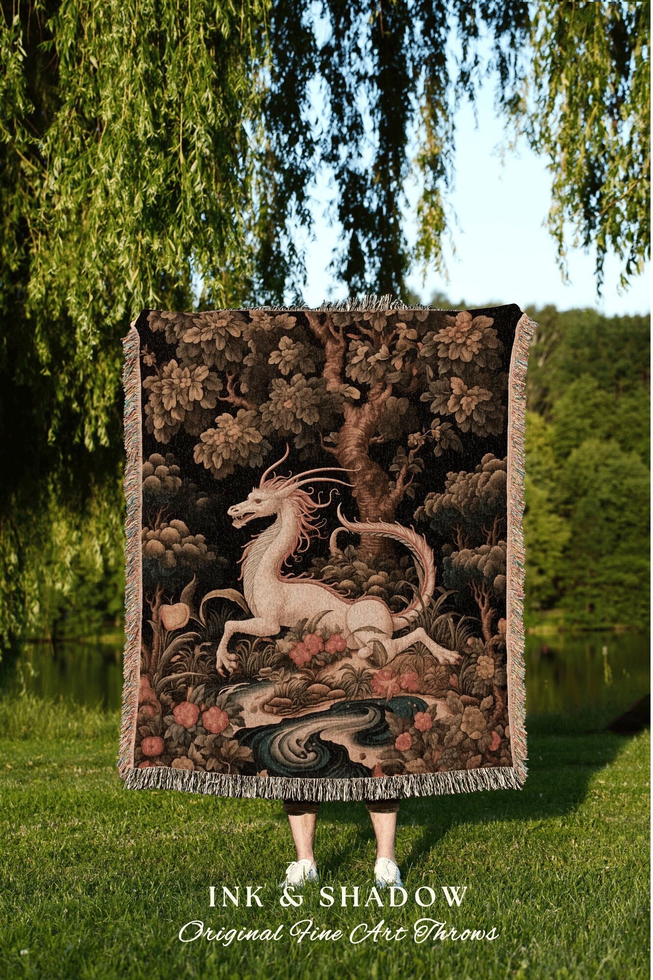 Medieval Dragon Blanket Woven | Crowcore Tapestry Cottagecore Room Decor Dark Academia Aesthetic Gothic Maximalist Gift For Goths Throw |