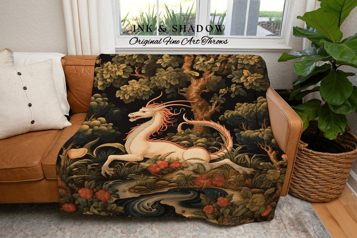 Medieval Dragon Blanket Woven | Crowcore Tapestry Cottagecore Room Decor Dark Academia Aesthetic Gothic Maximalist Gift For Goths Throw |