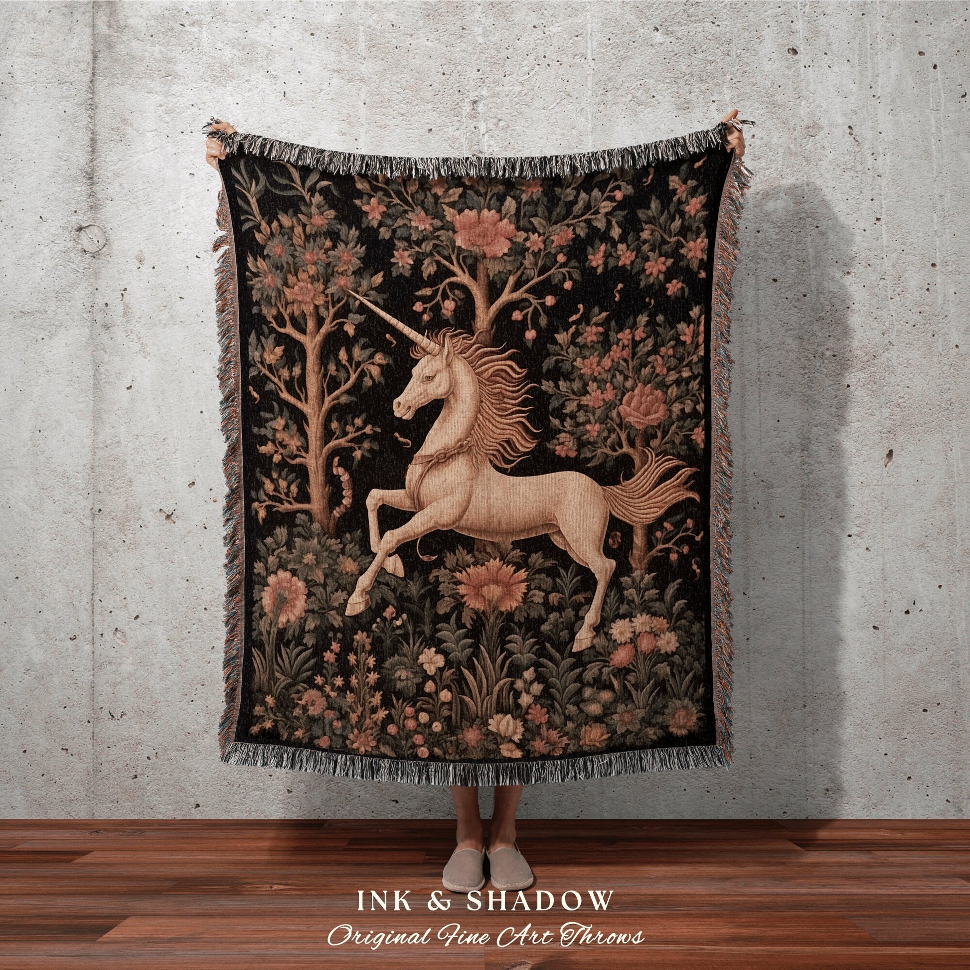 Mystical Unicorn Woven Tapestry | Fairycore Blanket Cottagecore Room Decor Dark Academia Aesthetic Gothic Maximalist Gift for Fantasy Reader