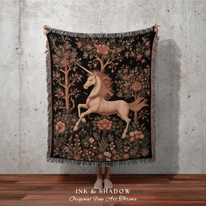 Mystical Unicorn Woven Tapestry | Fairycore Blanket Cottagecore Room Decor Dark Academia Aesthetic Gothic Maximalist Gift for Fantasy Reader