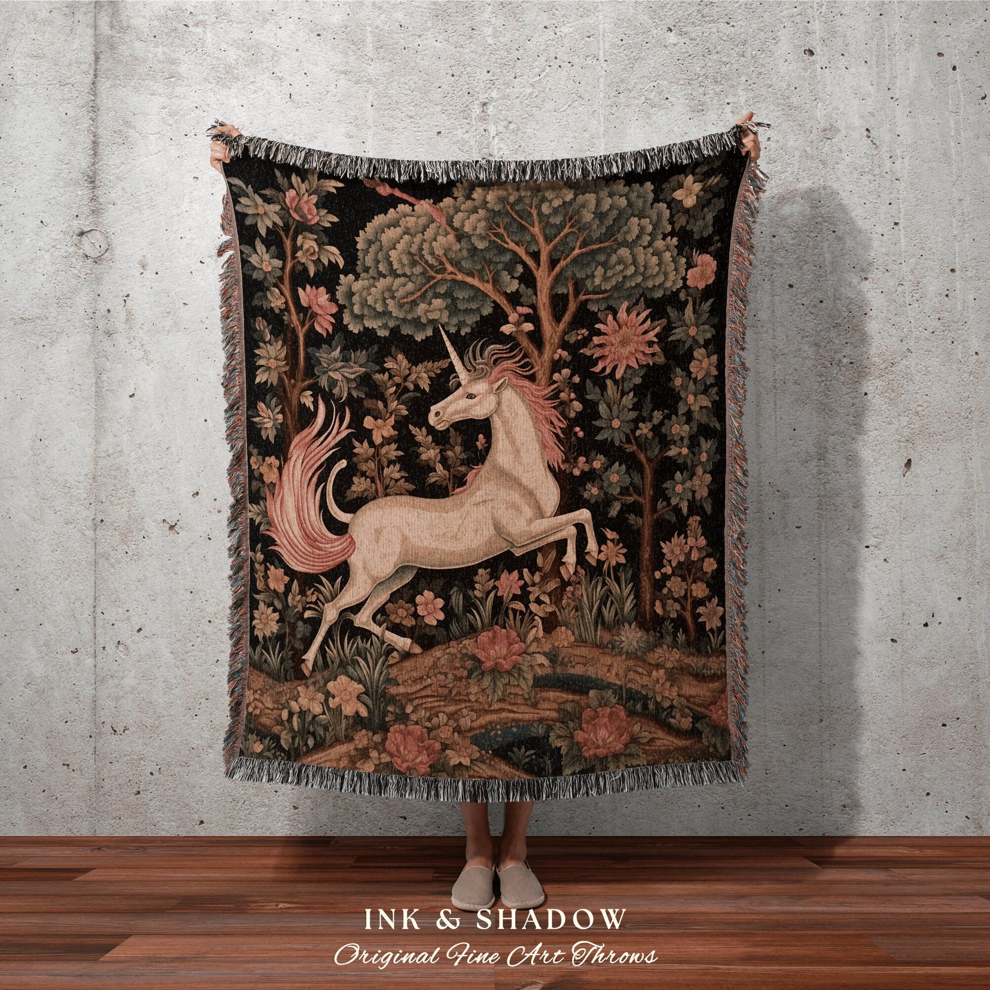 Rustic Unicorn Throw Blanket | Fairycore Tapestry Cottagecore Room Decor Dark Academia Aesthetic Gothic Maximalist Gift for Fantasy Reader