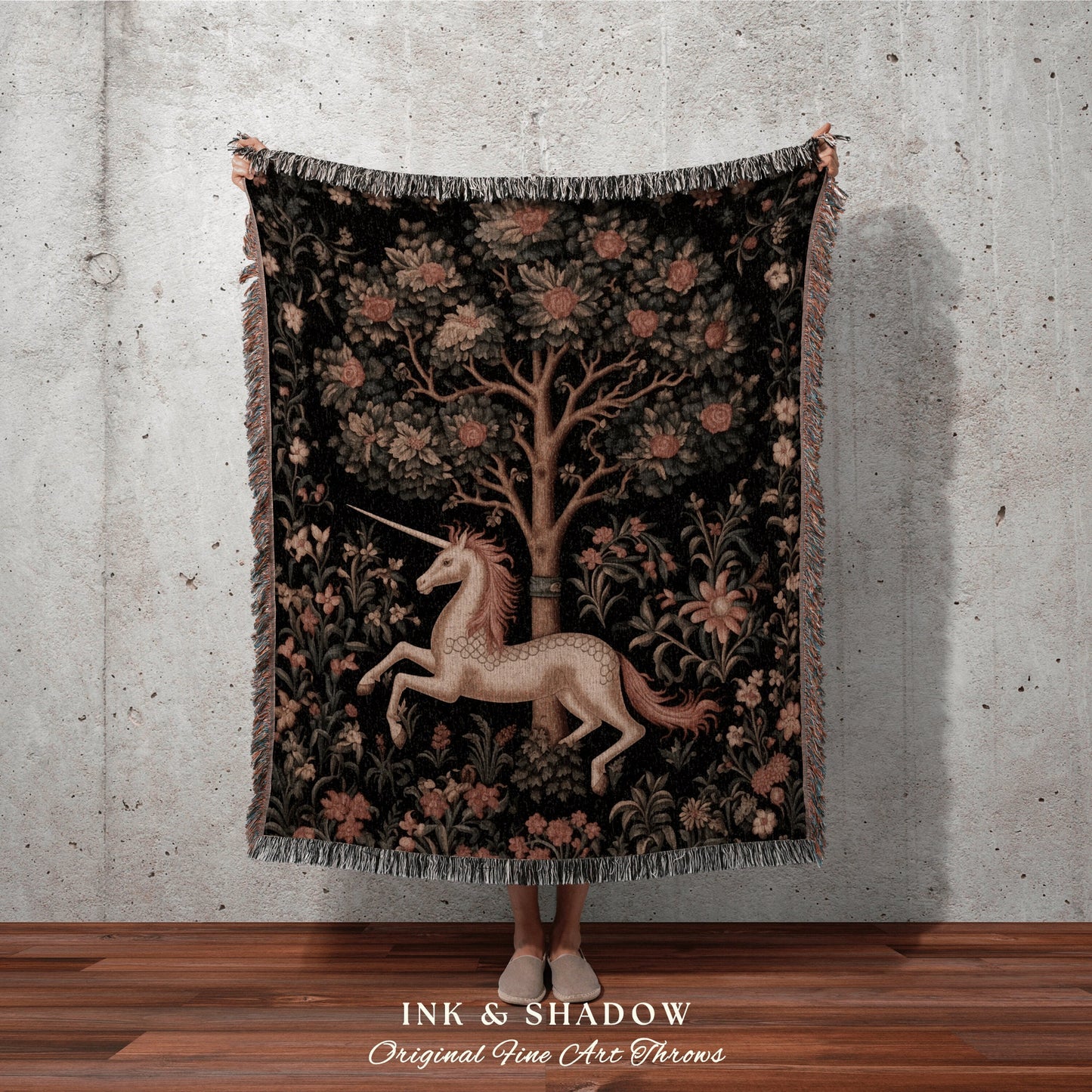 Fairycore Unicorn Blanket | Tapestry Woven Cottagecore Style Dark Academia Folklore Aesthetic Decor Gothic Maximalist Reading Blanket Gift