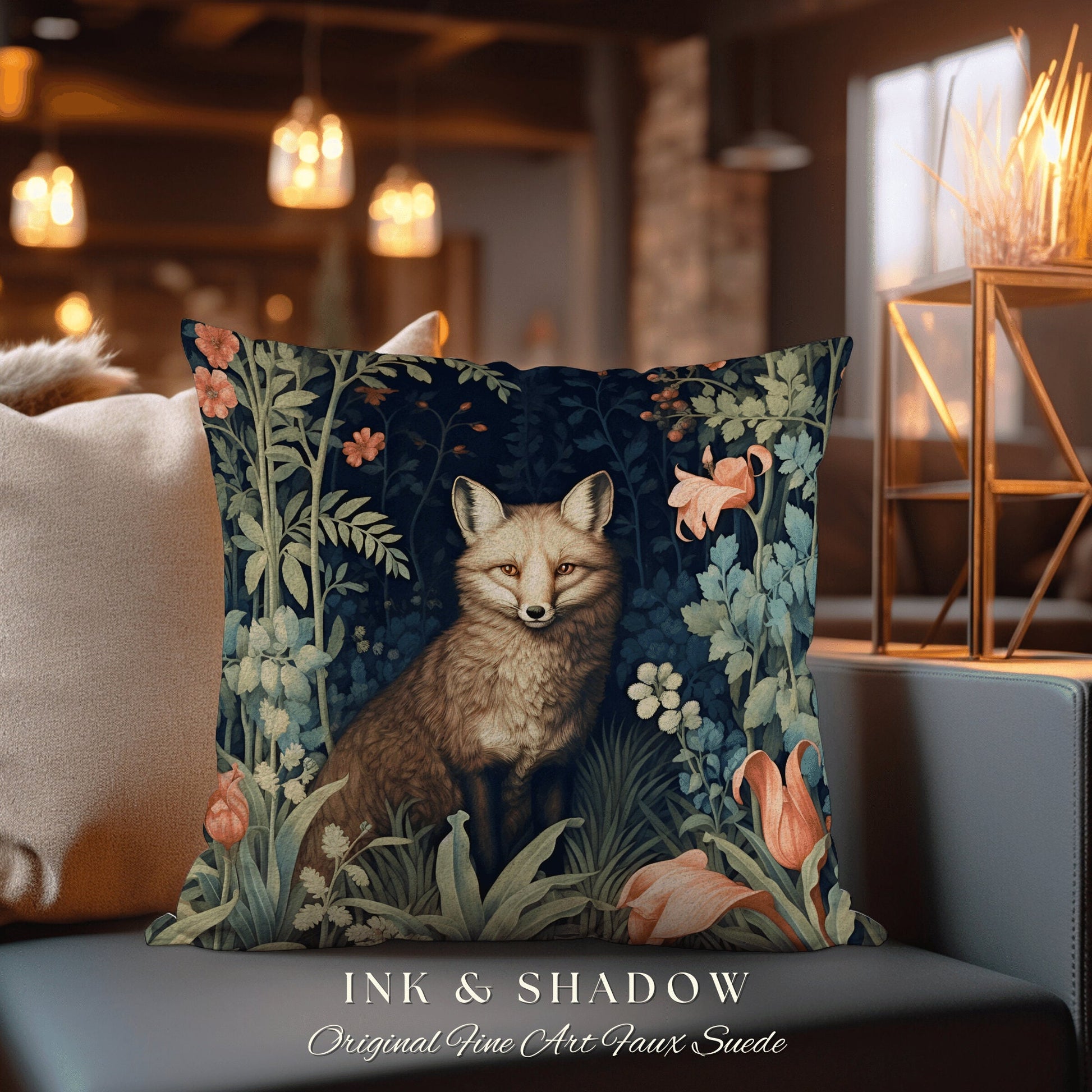 Medieval Fox Pillow Decorative Floral Dark Academia Forestcore Decor | Vintage Aesthetic Dark Cottagecore Botanical Fox Woven Throw Pillow