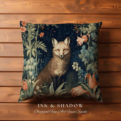 Medieval Fox Pillow Decorative Floral Dark Academia Forestcore Decor | Vintage Aesthetic Dark Cottagecore Botanical Fox Woven Throw Pillow