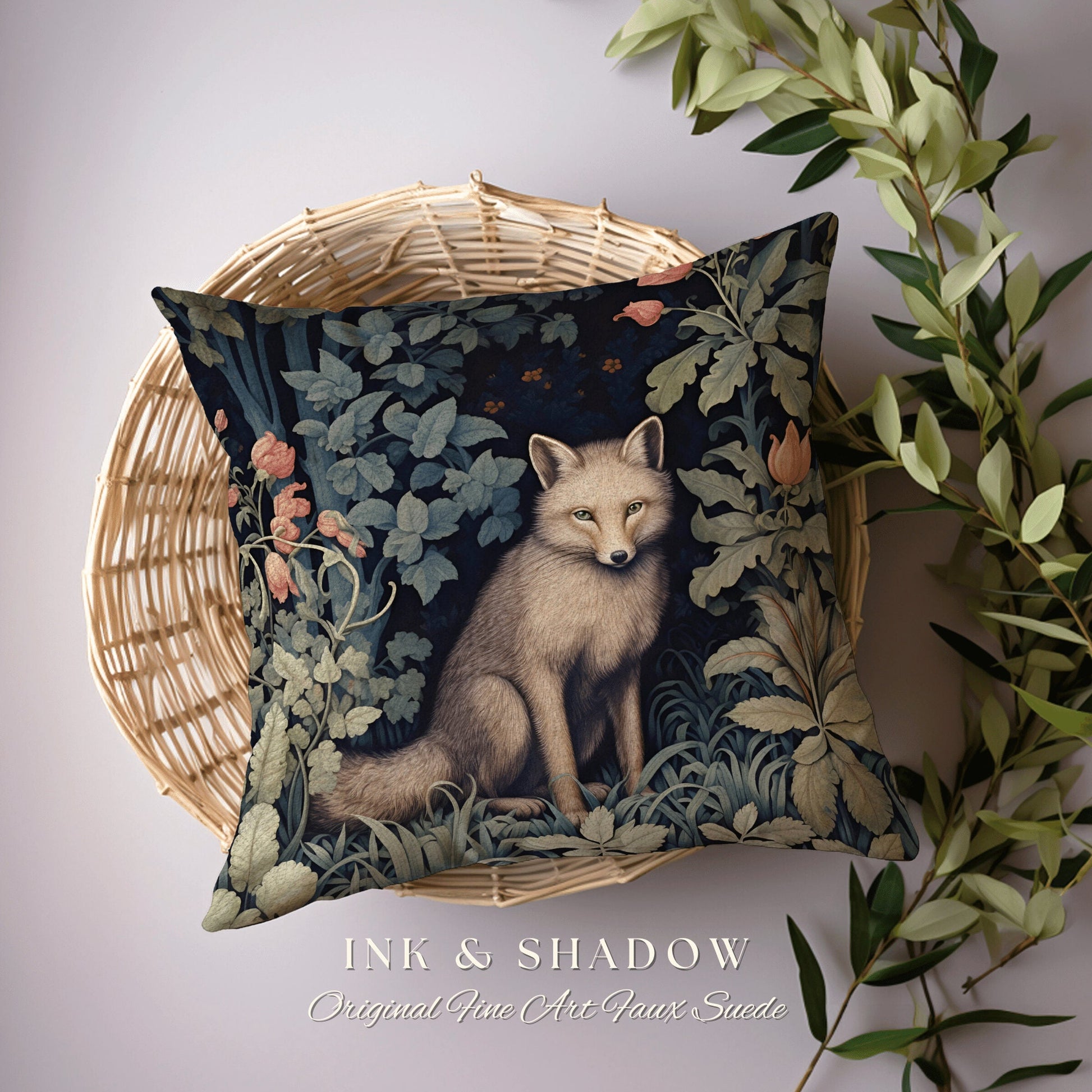 Grey Fox Pillow Botanical Gothic | Dark Academia William Morris Inspired Cushion Goth Aesthetic Medieval Woven Pillow Victorian Fox Decor |