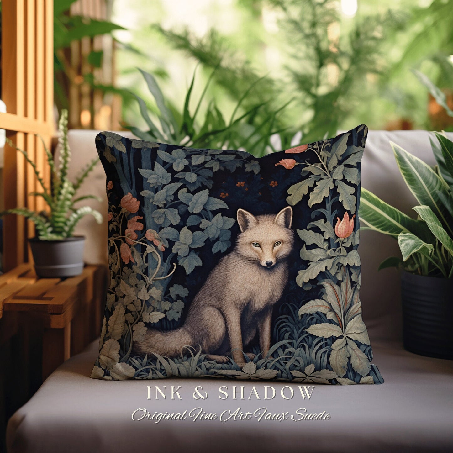 Grey Fox Pillow Botanical Gothic | Dark Academia William Morris Inspired Cushion Goth Aesthetic Medieval Woven Pillow Victorian Fox Decor |