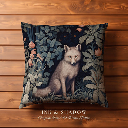 Grey Fox Pillow Botanical Gothic | Dark Academia William Morris Inspired Cushion Goth Aesthetic Medieval Woven Pillow Victorian Fox Decor |