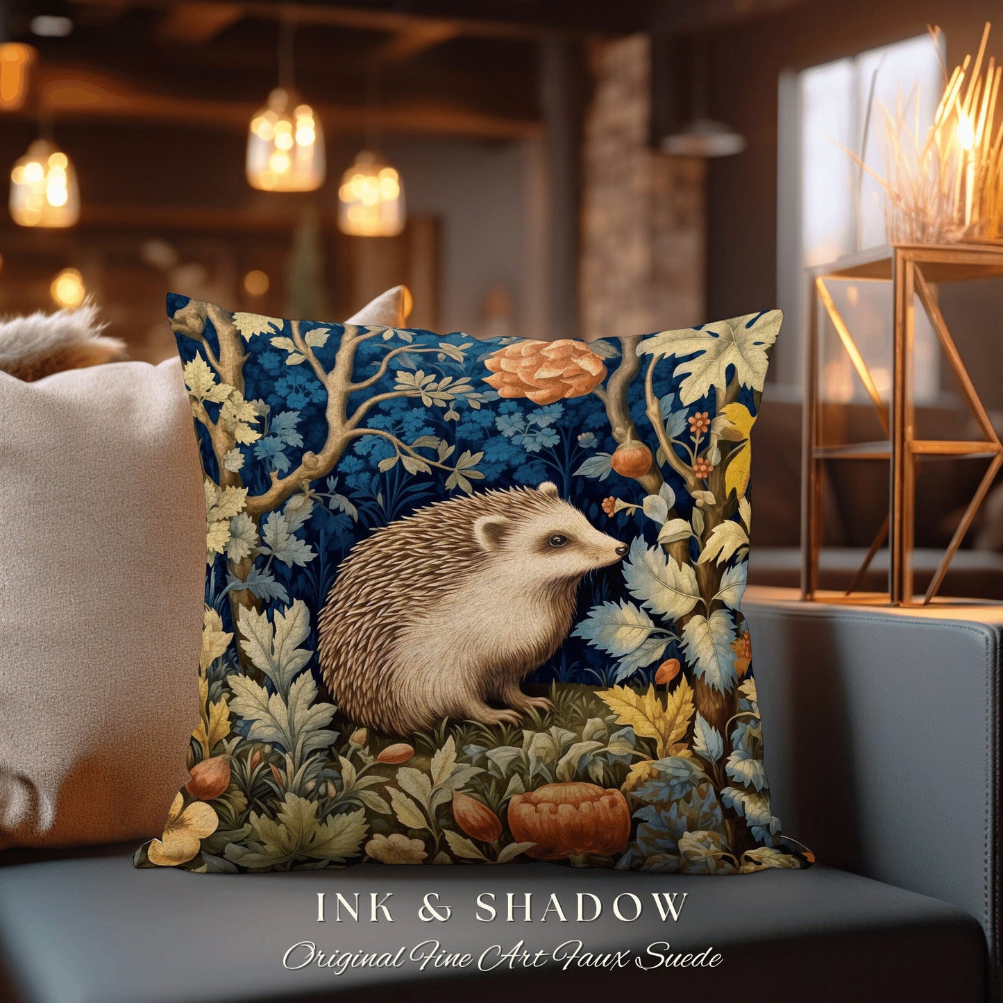 Morris Hedge Hog Accent Pillow | Whimsy Aesthetic Rustic Woodland Boho Cottagecore Home Decor Crowcore Bedroom Hedgehog Pillow Botanical