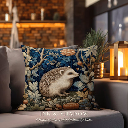 Morris Hedge Hog Accent Pillow | Whimsy Aesthetic Rustic Woodland Boho Cottagecore Home Decor Crowcore Bedroom Hedgehog Pillow Botanical