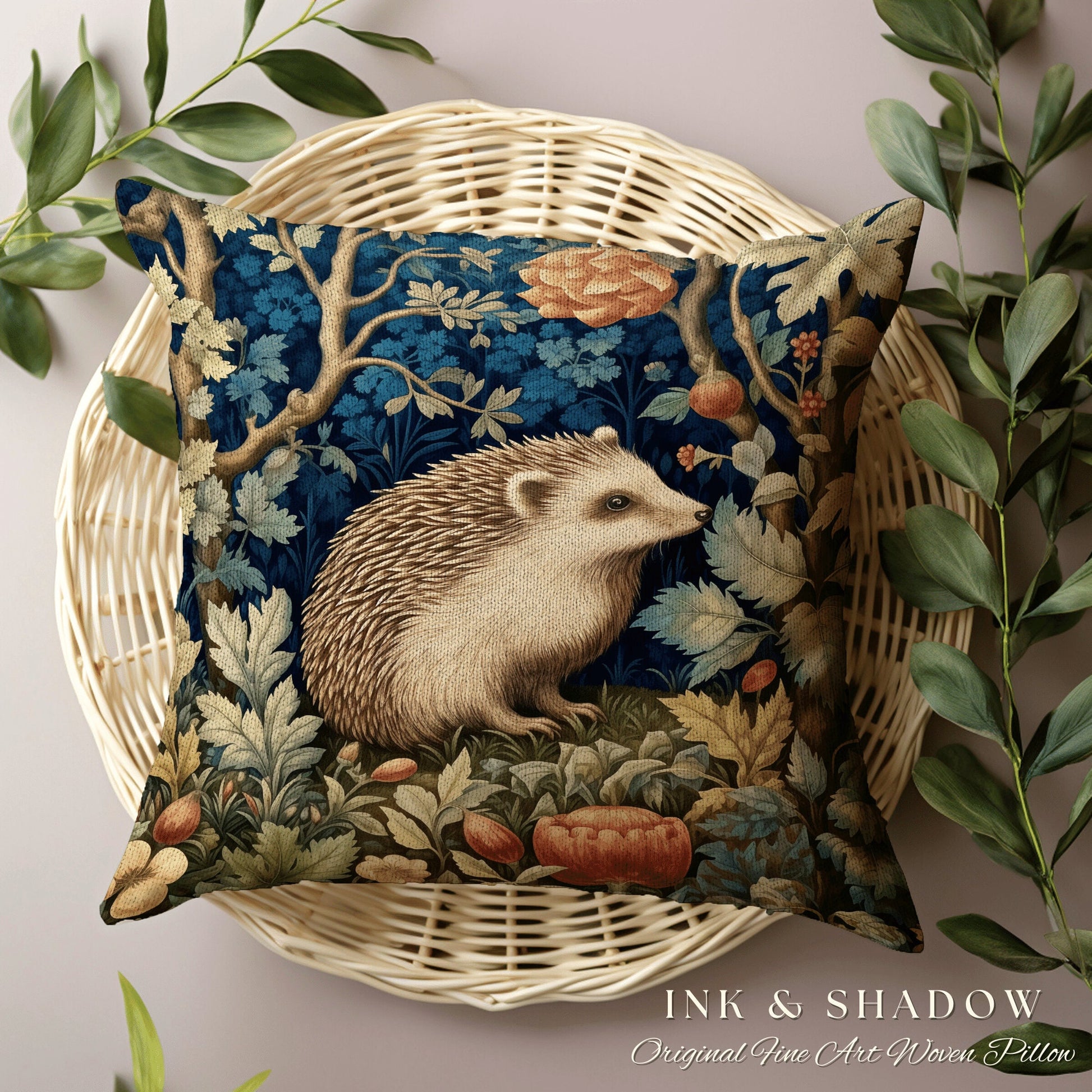 Morris Hedge Hog Accent Pillow | Whimsy Aesthetic Rustic Woodland Boho Cottagecore Home Decor Crowcore Bedroom Hedgehog Pillow Botanical