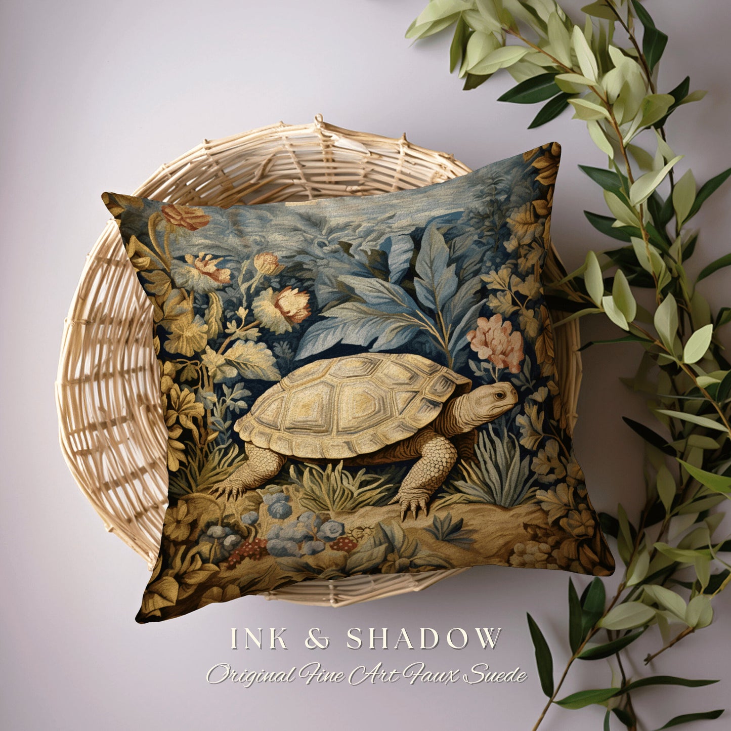 Rustic Woodland Tortoise Pillow | Botanical Woven Pillow William Morris Inspired Boho Decor Crowcore Pillow Fairy Aesthetic Pillow Morris