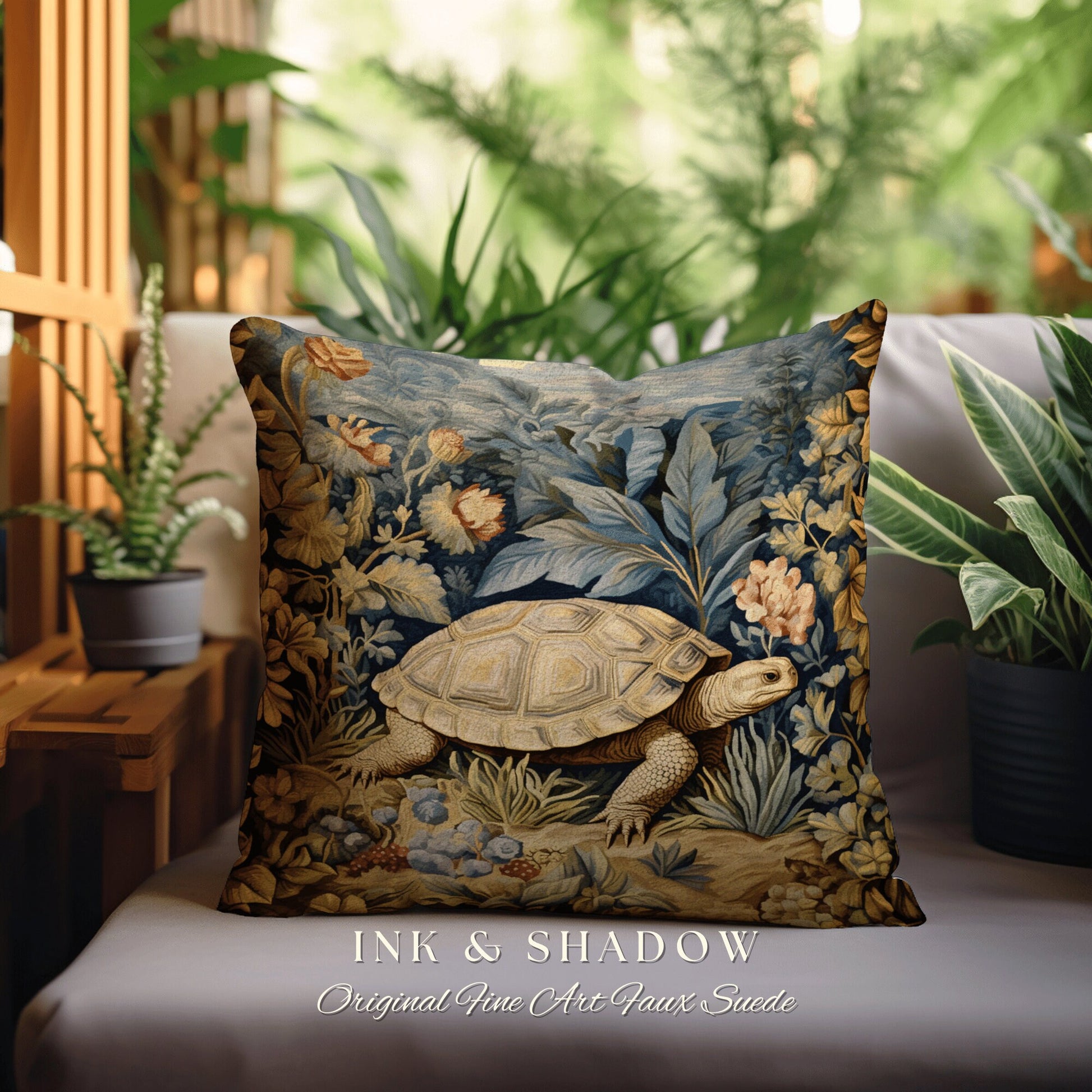 Rustic Woodland Tortoise Pillow | Botanical Woven Pillow William Morris Inspired Boho Decor Crowcore Pillow Fairy Aesthetic Pillow Morris