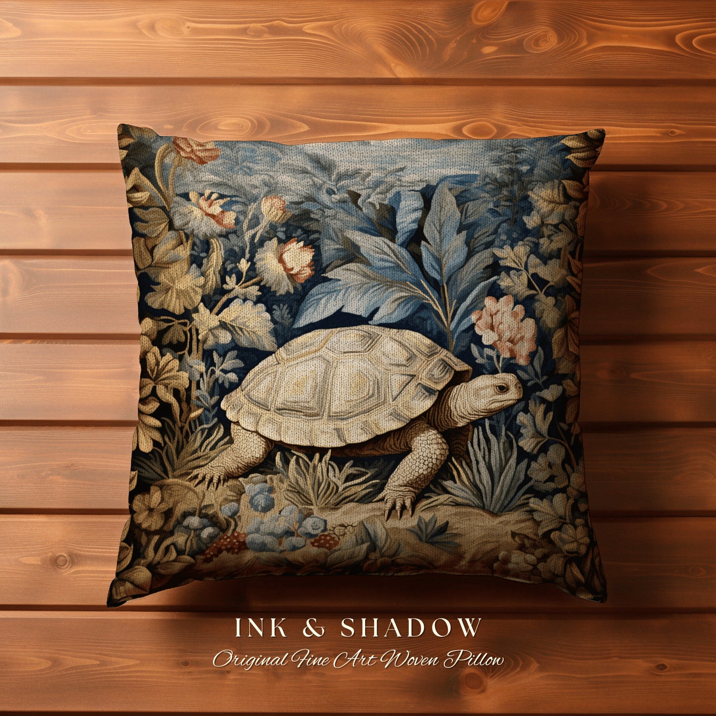 Rustic Woodland Tortoise Pillow | Botanical Woven Pillow William Morris Inspired Boho Decor Crowcore Pillow Fairy Aesthetic Pillow Morris